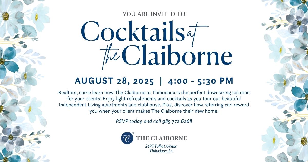 Cocktails at The Claiborne at Thibodaux event flyer exclusive for realtors