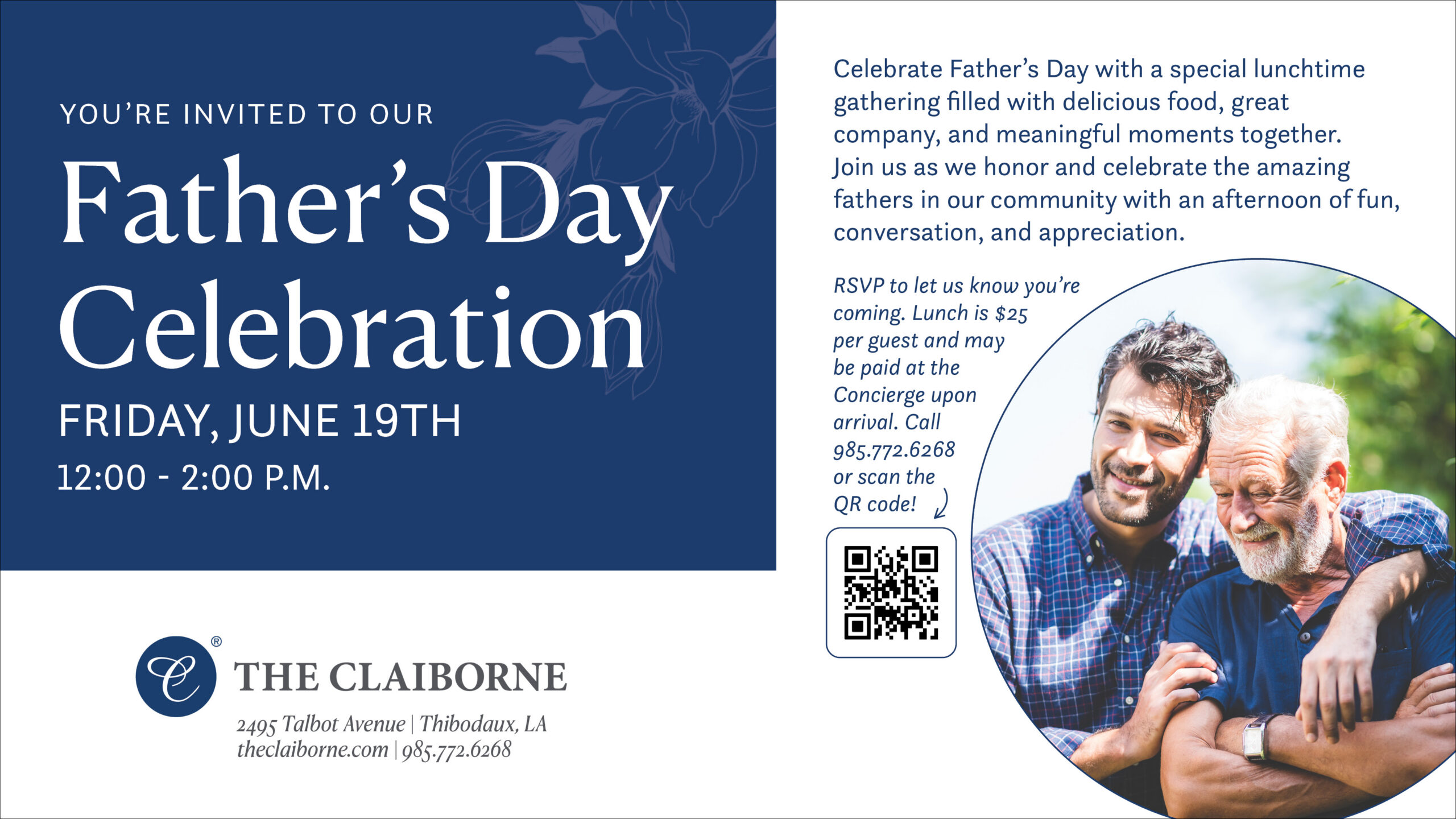 Father's Day celebration graphic at The Claiborne at Thibodaux with a picture of a senior man and his son.
