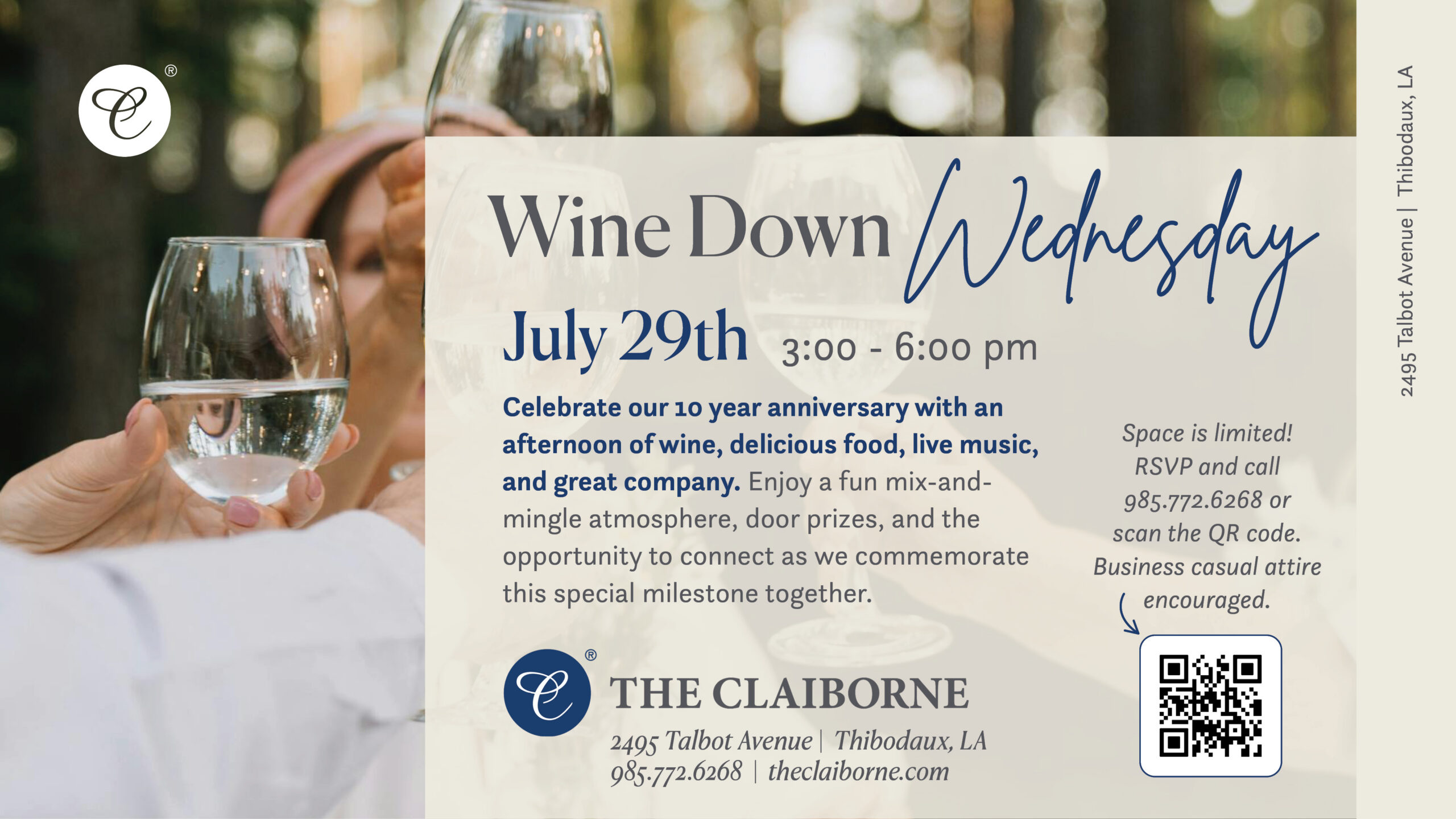 Wine Down Wednesday 10-year anniversary celebration at The Claiborne at Thibodaux event graphic.