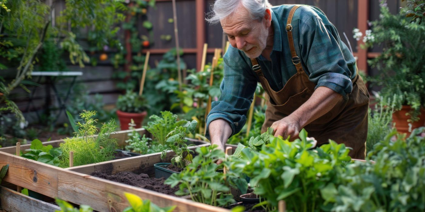 Elderly man gardening, planting herbs in a wooden raised bed in a lush, green backyard.