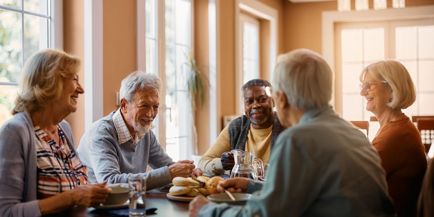 A group of older adults sitting around a table, smiling and talking in a well-lit room.