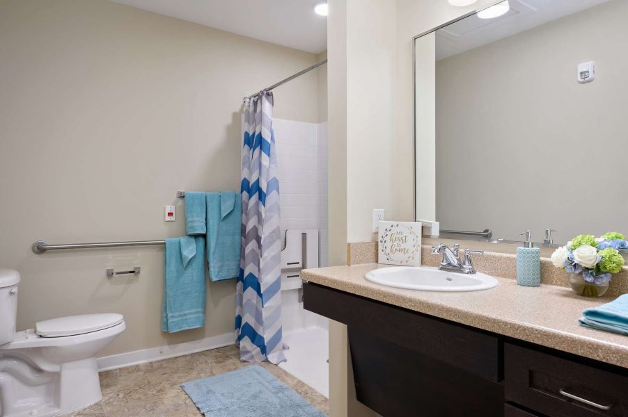 The Claiborne at West Lake senior living community bathroom for assisted living residents