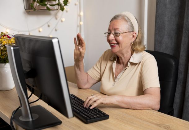 A senior woman smiling and waving at a computer screen