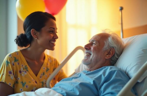 A woman smiles at an elderly man lying in a hospital bed, with balloons in the background.
