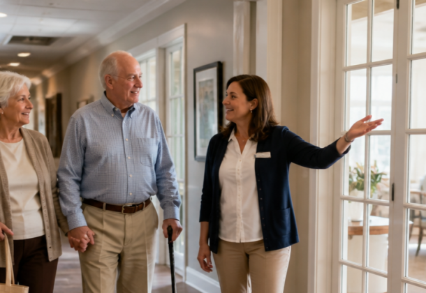 A smiling woman shows an elderly couple around a bright hallway, gesturing toward a sunlit room through glass doors.