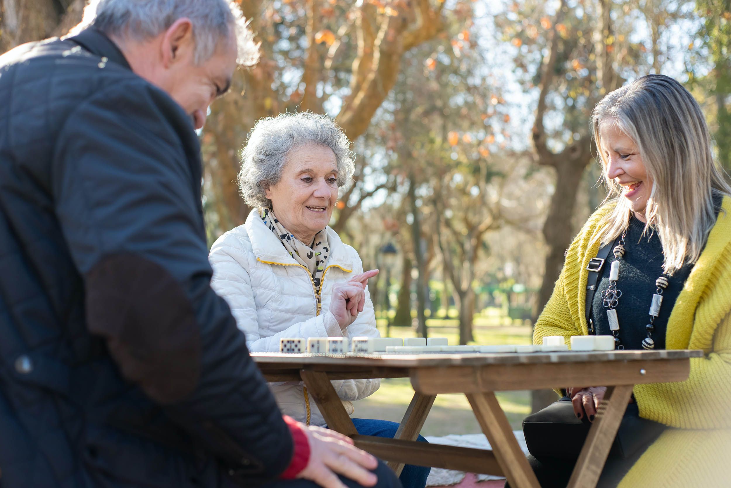 Group of elderly friends playing a board game outdoors