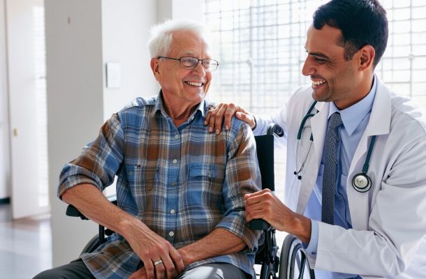 Smiling doctor talks with an elderly man in a wheelchair, showing a friendly and supportive interaction.