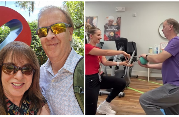 Split image: Left, a smiling couple outdoors; right, man exercising with a trainer using a medicine ball indoors.