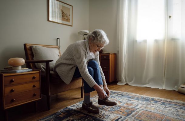An elderly woman sits on a chair in a cozy room, putting on her shoes in the morning light.