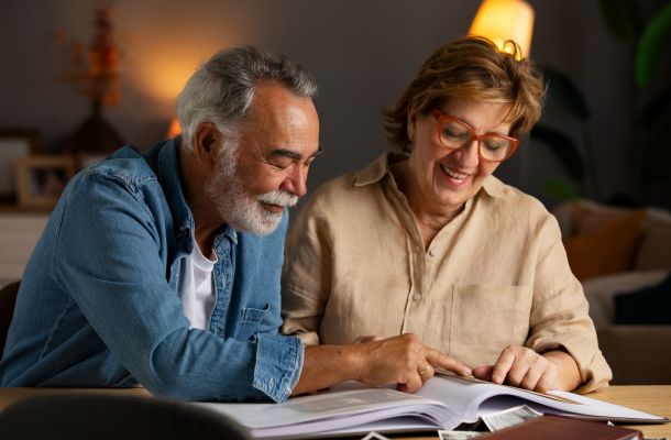 An older couple sits at a table, smiling and reading a book together in a cozy, warmly lit room.