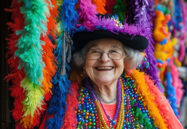 Elderly woman wearing a black hat, colorful beads, and vibrant feather boas laughs joyfully.