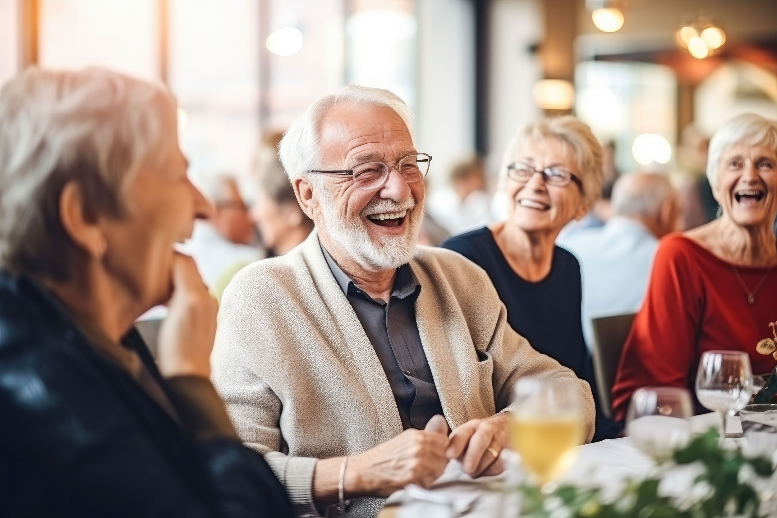 A candid photo of joyful senior citizens enjoying companionship at a social club, having fun and smiling.