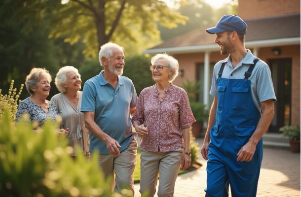 A group of happy seniors walking outside with a smiling maintenance worker on a sunny day.