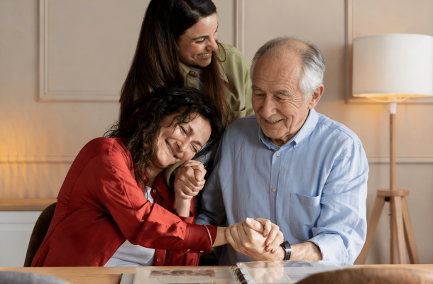Three people smiling and holding hands, gathered around a table with a photo album.