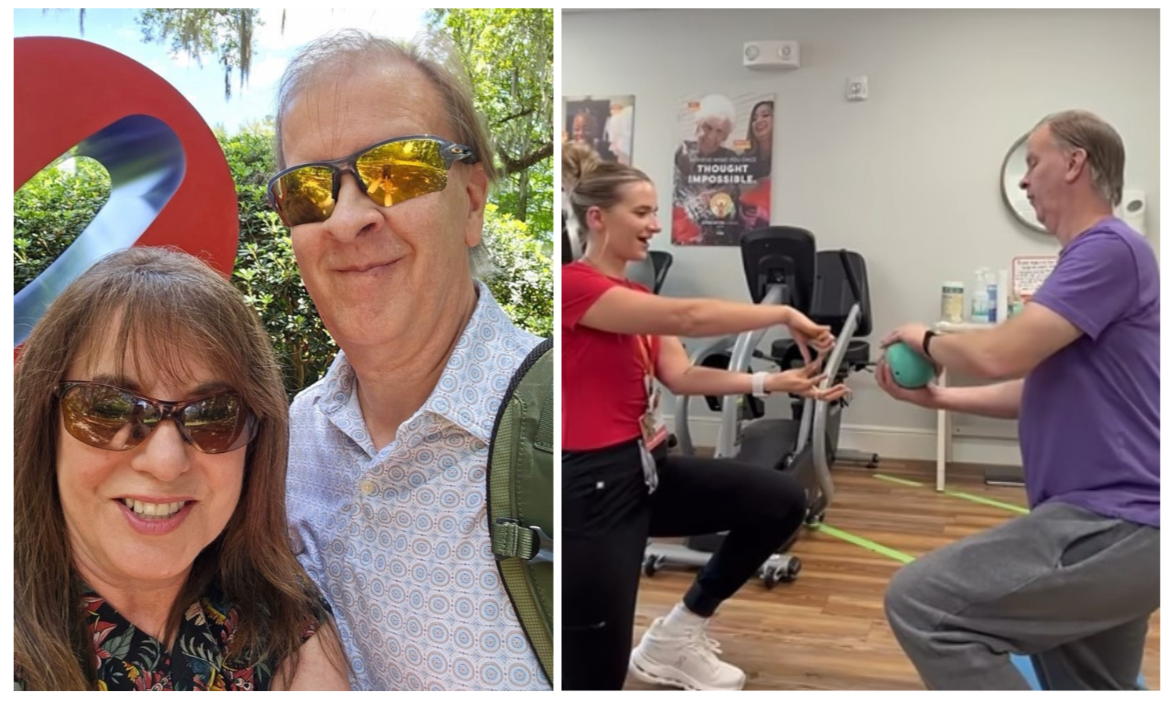 Split image: Left, a smiling couple outdoors; right, man exercising with a trainer using a medicine ball indoors.