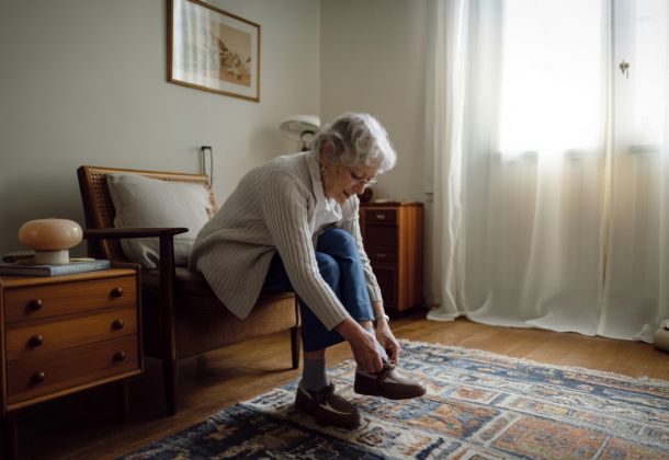 An elderly woman sits on a chair in a cozy room, putting on her shoes in the morning light.