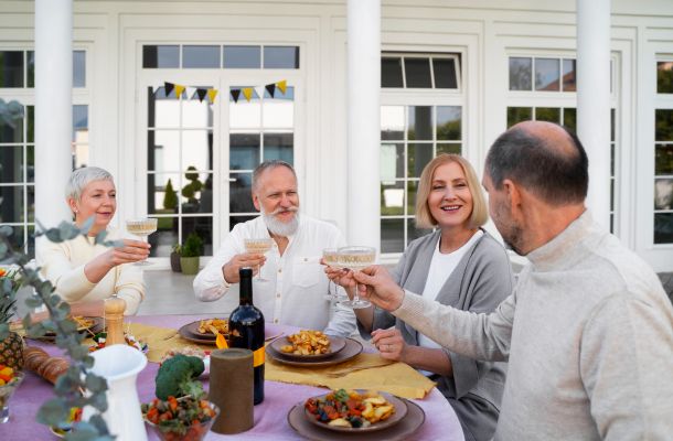Four older adults sit outdoors at a table, smiling and raising glasses in a cheerful toast.