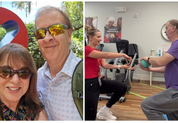 Split image: Left, a smiling couple outdoors; right, man exercising with a trainer using a medicine ball indoors.