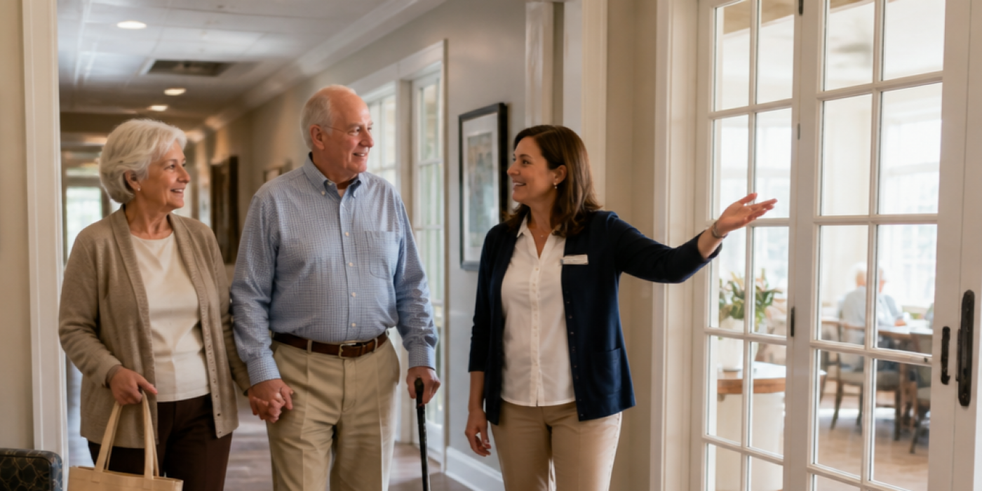 A smiling woman shows an elderly couple around a bright hallway, gesturing toward a sunlit room through glass doors.