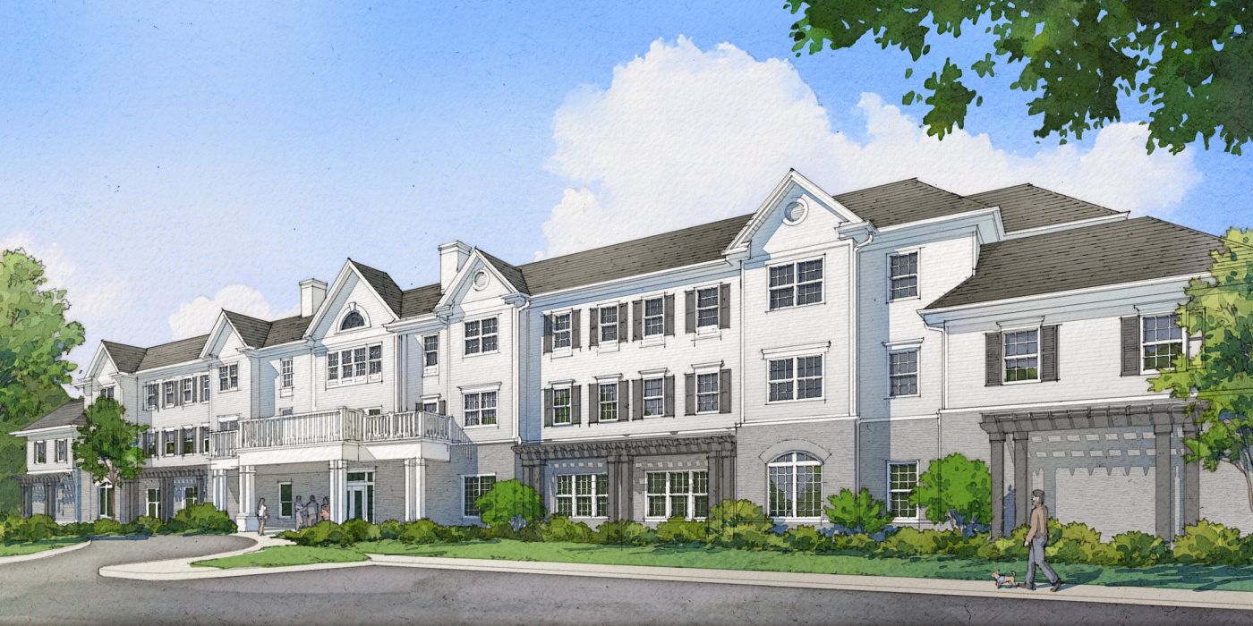 Exterior building renderings of The Avaline at River Oaks senior living community in Memphis, TN