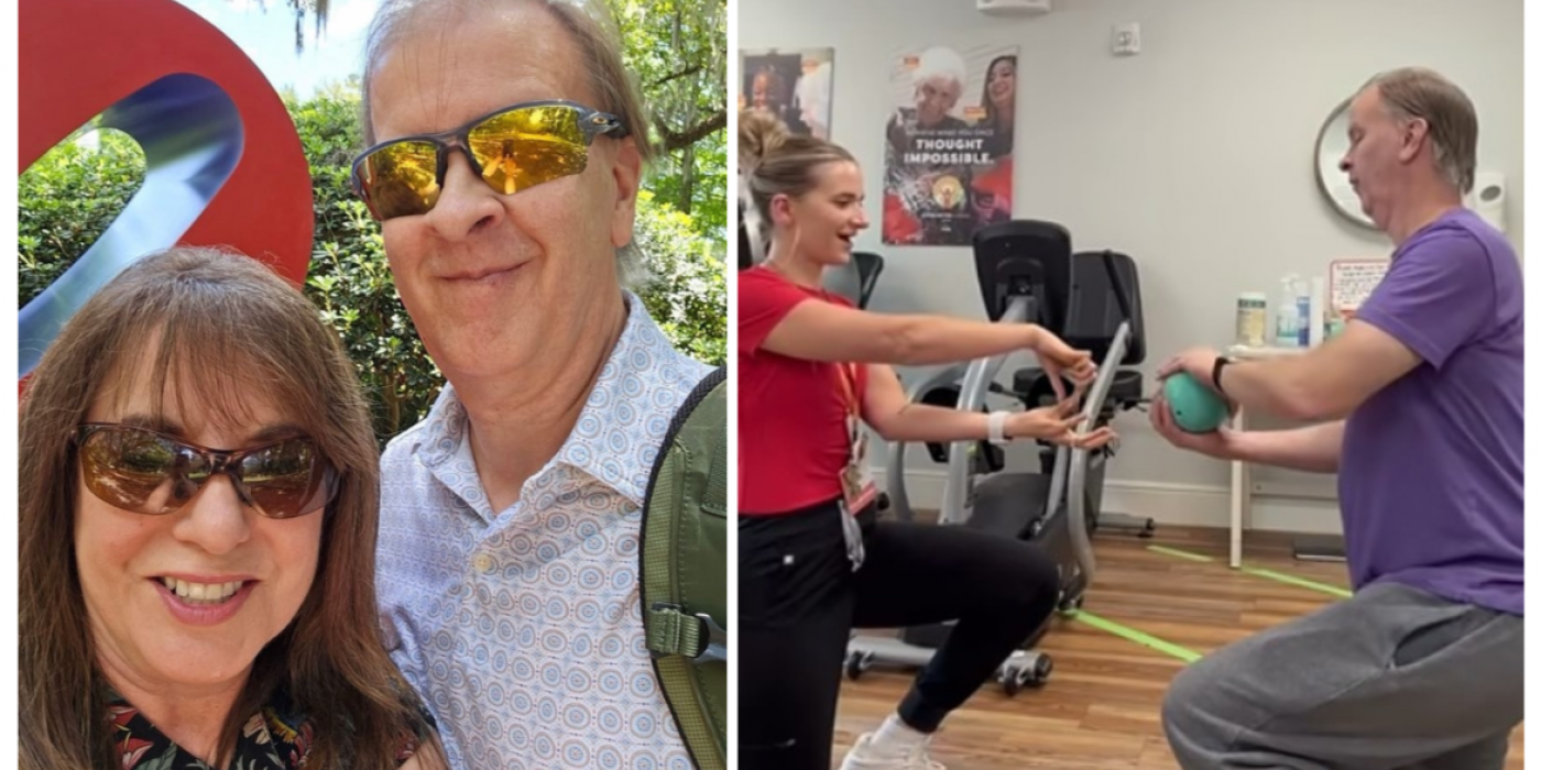 Split image: Left, a smiling couple outdoors; right, man exercising with a trainer using a medicine ball indoors.