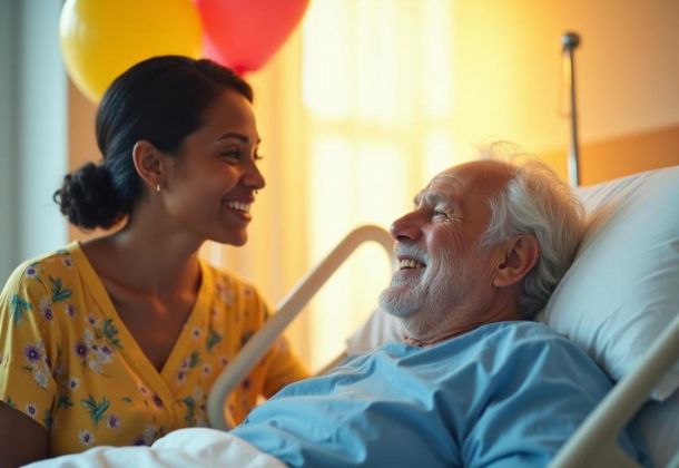 A woman smiles at an elderly man lying in a hospital bed, with balloons in the background.
