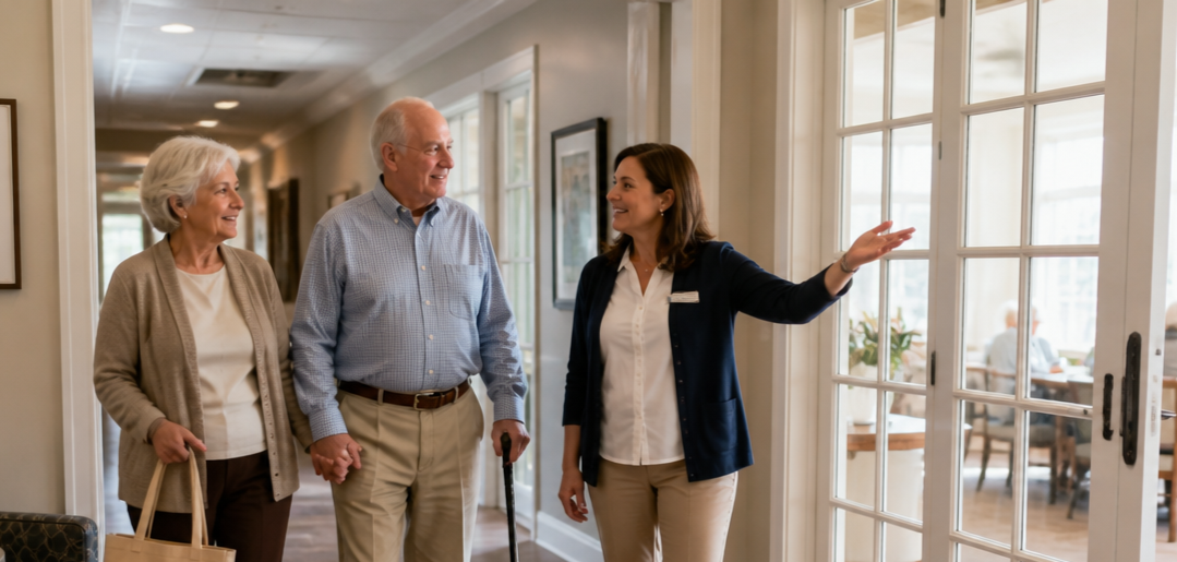 A smiling woman shows an elderly couple around a bright hallway, gesturing toward a sunlit room through glass doors.