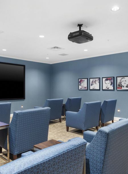 A small theater room with blue armchairs, a large screen, and framed artwork on blue walls.