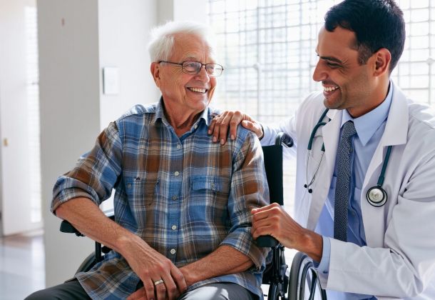 Smiling doctor talks with an elderly man in a wheelchair, showing a friendly and supportive interaction.