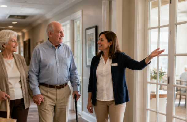 A smiling woman shows an elderly couple around a bright hallway, gesturing toward a sunlit room through glass doors.