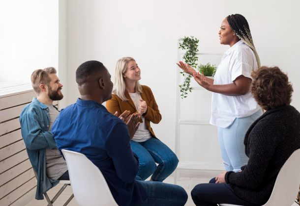 A woman stands speaking to a small group of people sitting in chairs, who are listening and clapping.