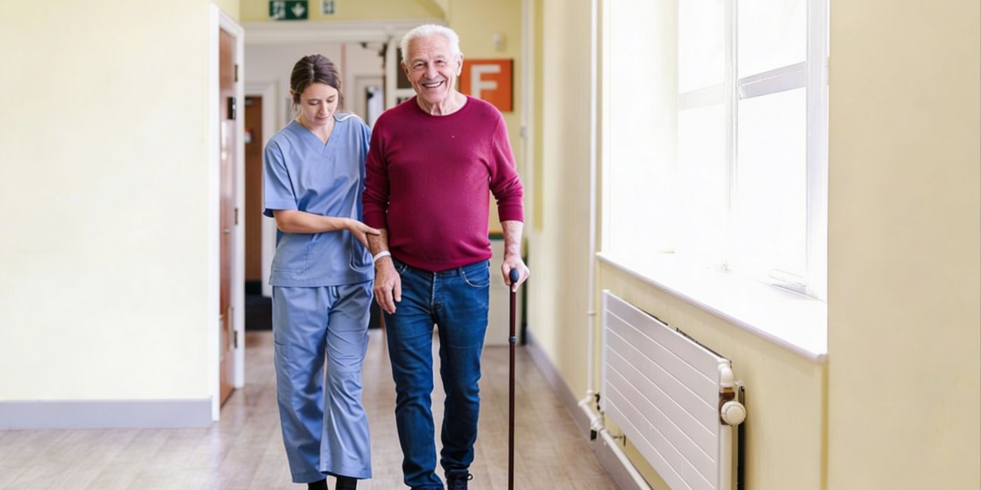 Nurse assists smiling elderly man with a walking stick as they walk down a bright hallway.