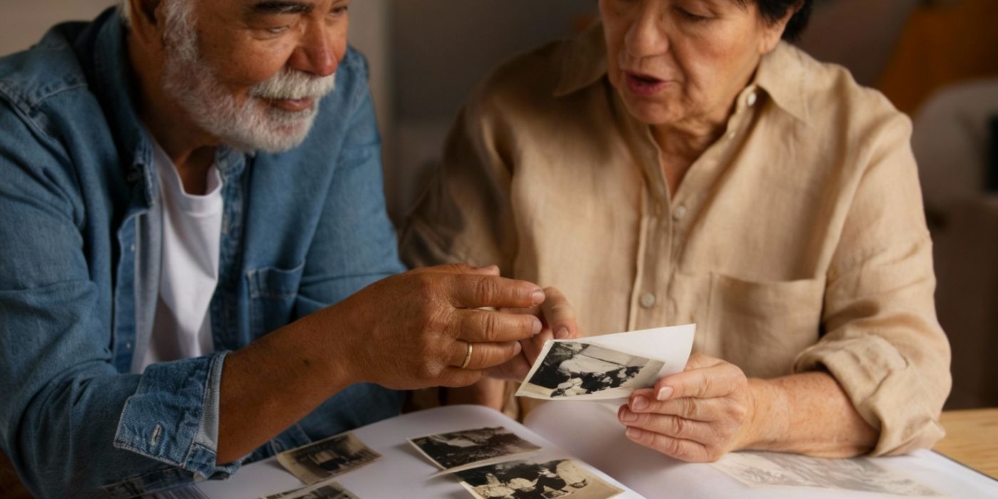 An elderly couple looks at old photographs together in a photo album at a table.