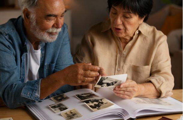 An elderly couple looks at old photographs together in a photo album at a table.