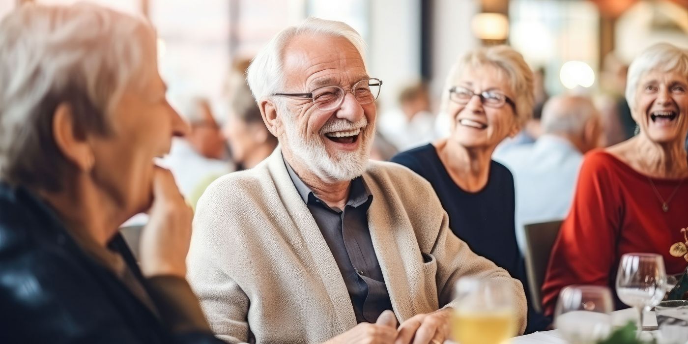 A candid photo of joyful senior citizens enjoying companionship at a social club, having fun and smiling.