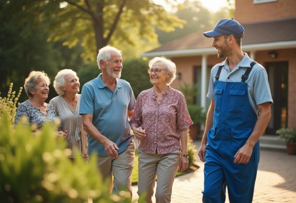 A group of happy seniors walking outside with a smiling maintenance worker on a sunny day.