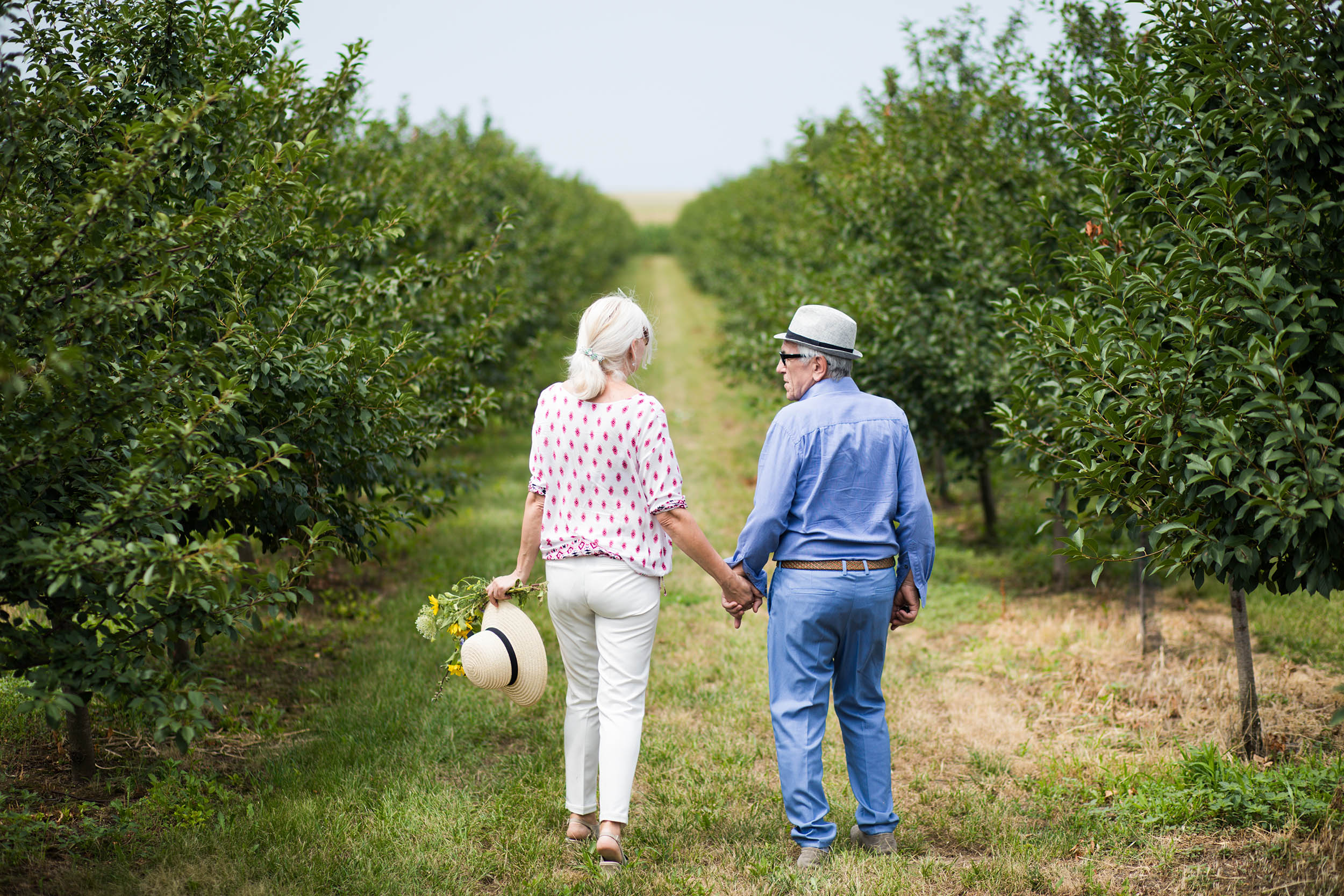 Beautiful senior couple enjoying a walk through an orchard
