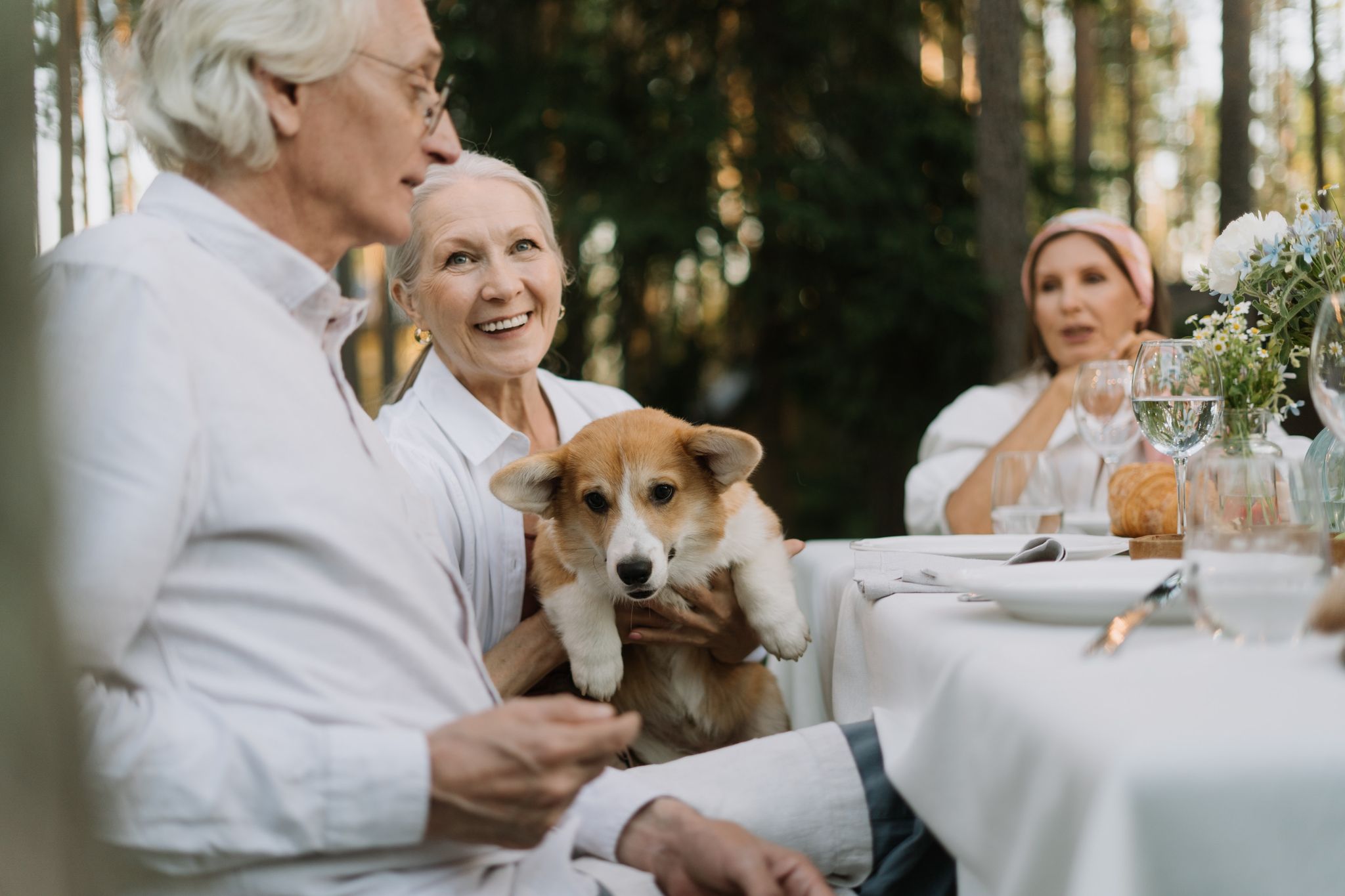 senior friends gathered around a table with one holding up a cute corgi dog