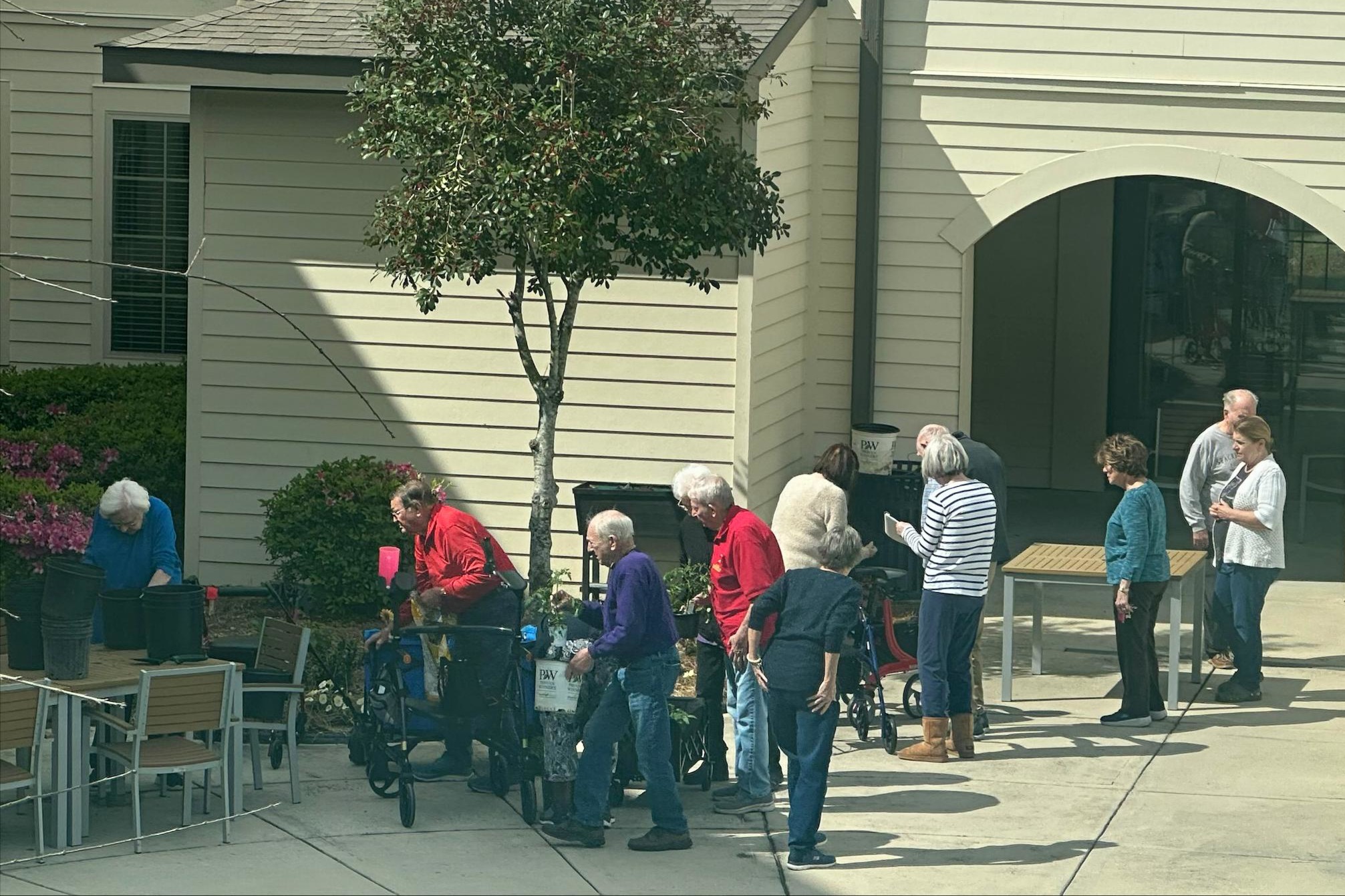 A group of seniors stand in line outside a building near tables with potted plants on a sunny day.